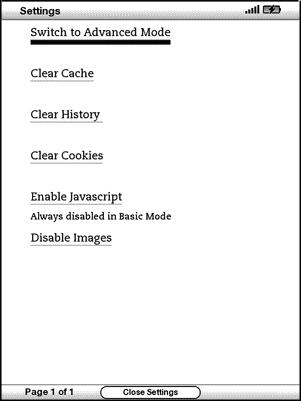 Illustration of browser setting options for Kindle Basic Web