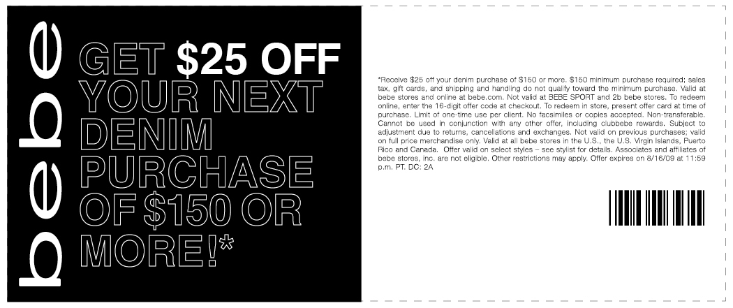 PRINTABLE Bebe $25 off $150+