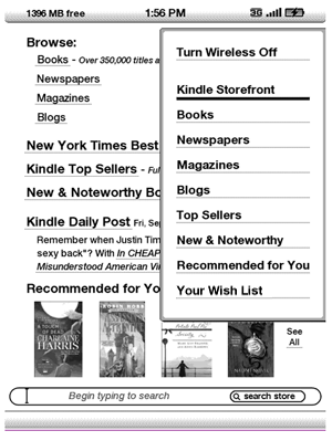 Image of Kindle store menu options on Kindle.