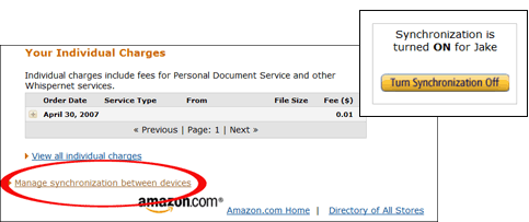 Image of the synchronisation options on the Manage Your Kindle
page.