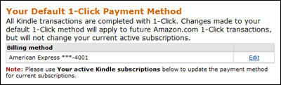 Image of default payment method on the Manage Your Kindle page.