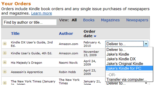 Image of Your Orders section on the Manage Your Kindle page.