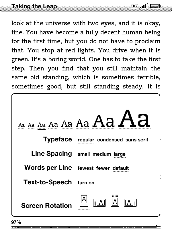 Illustration of Kindle screen with reading formatting options.