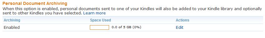 Description: Screenshot of online storage for personal documents on the Manage Your Kindle page