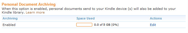 Personal Document Archive settings screenshot of Manage Your Kindle