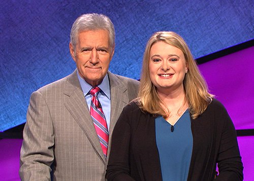 Amazon Employee Stephanie Hubley with Jeopardy Host Alex Trebek