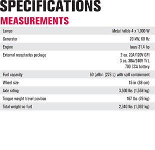 Terex AL 5000 Light Tower Specifications