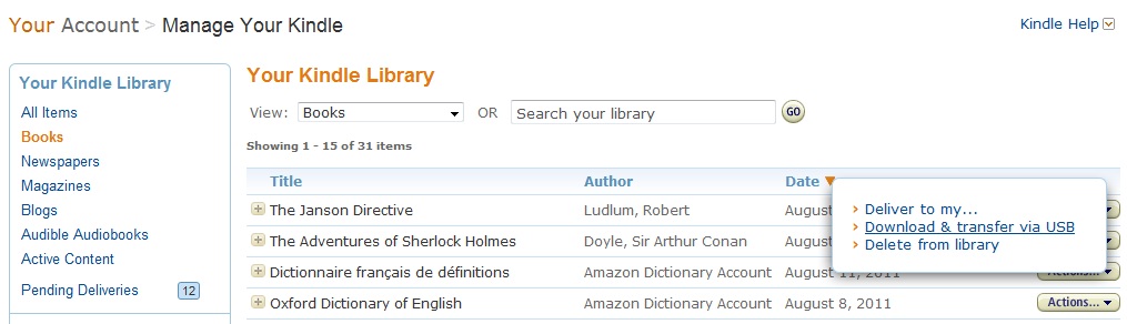 screenshot of actions menu to download items to your computer from&nbsp;Manage Your Kindle