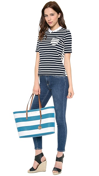 michael kors blue and white striped jet set tote