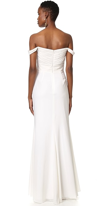badgley mischka off the shoulder gown