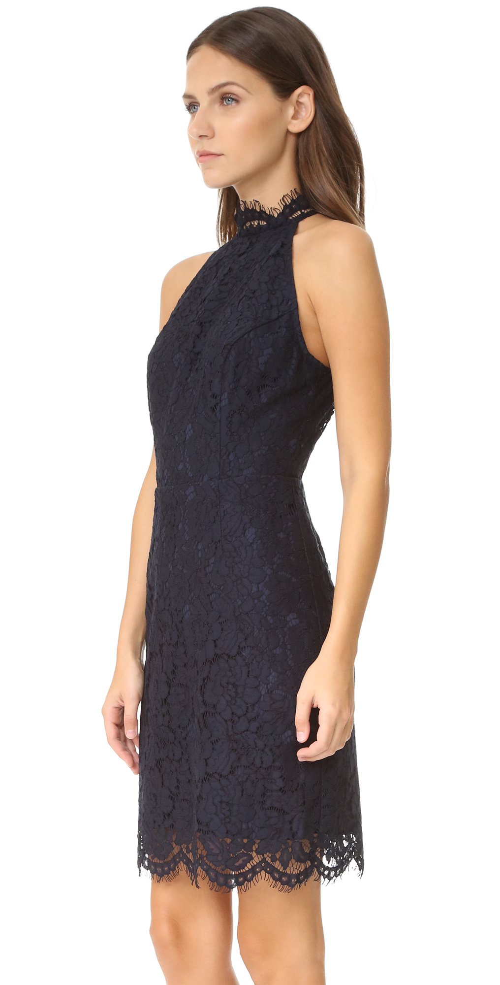 cara high neck lace cocktail dress