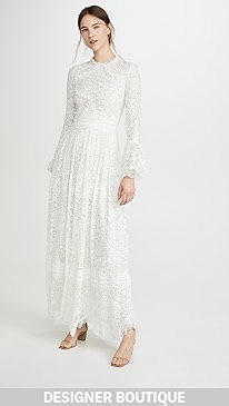 Costarellos - Flounce Sleeve Ruffled Edge Embroidered Silk Dress