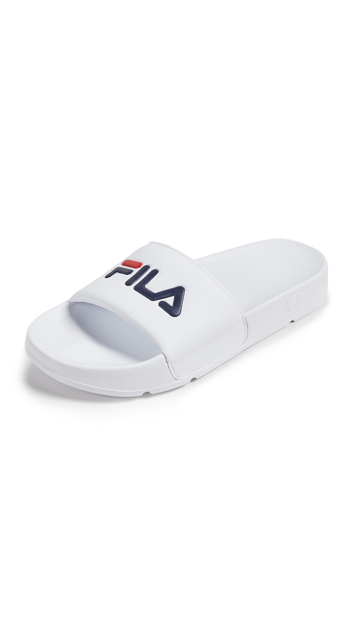 Fila Logo Print Embossed Side Slides In White/fnvy/fred
