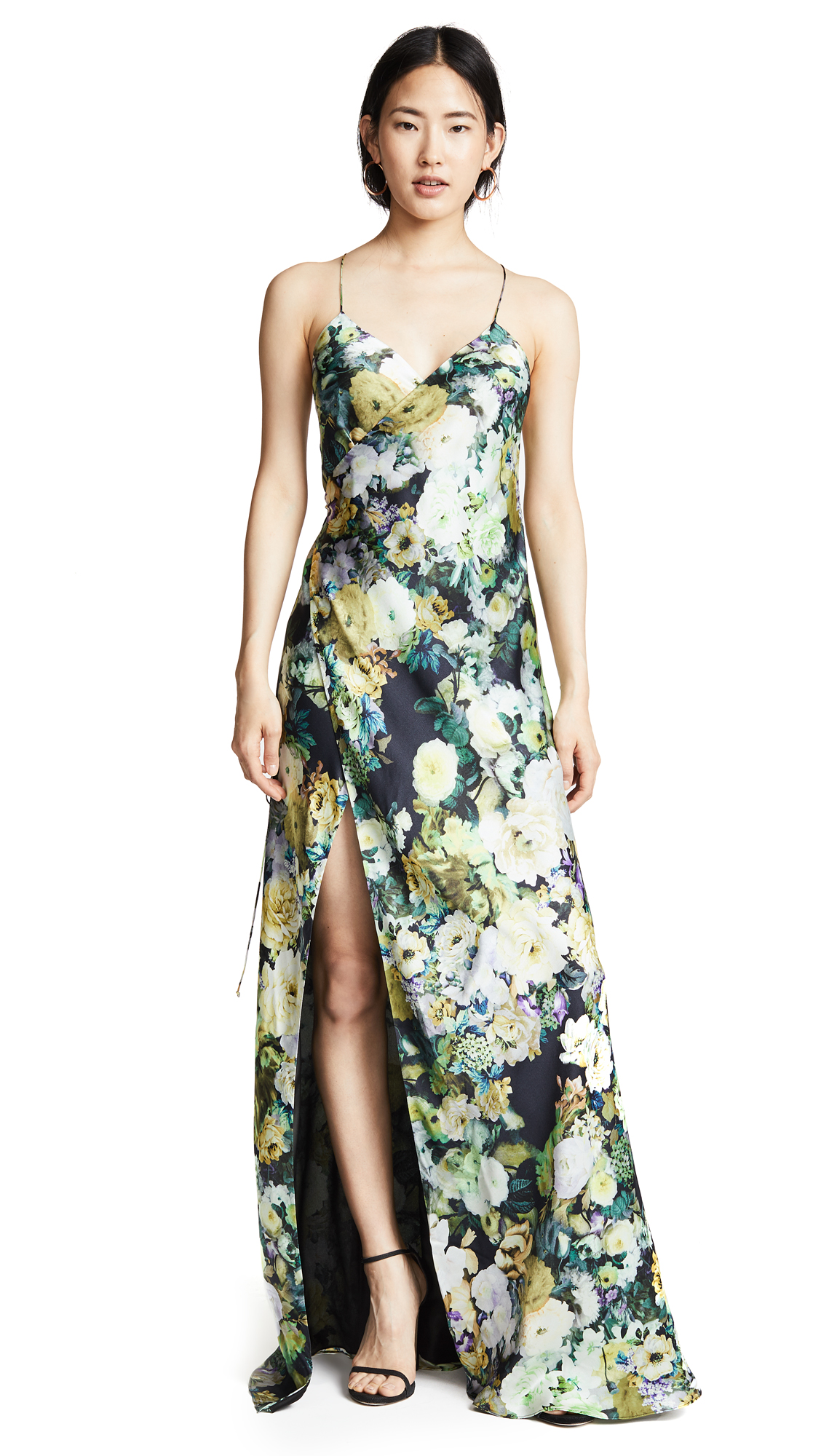 michelle mason green wrap dress Strappy Gown In Floral Menâs black coat with collar