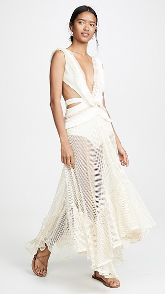 PATBO FRINGE AND MESH CUTOUT MAXI DRESS