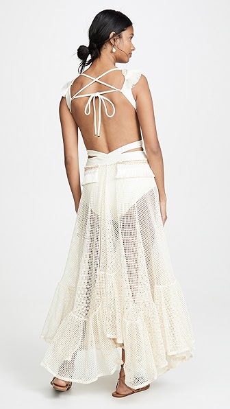 PATBO FRINGE AND MESH CUTOUT MAXI DRESS