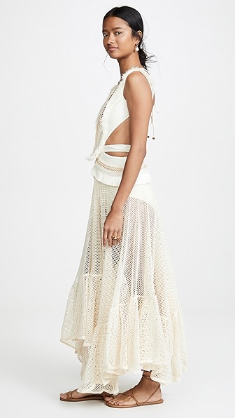 PATBO FRINGE AND MESH CUTOUT MAXI DRESS