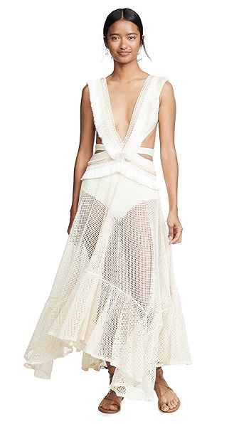 PATBO FRINGE AND MESH CUTOUT MAXI DRESS