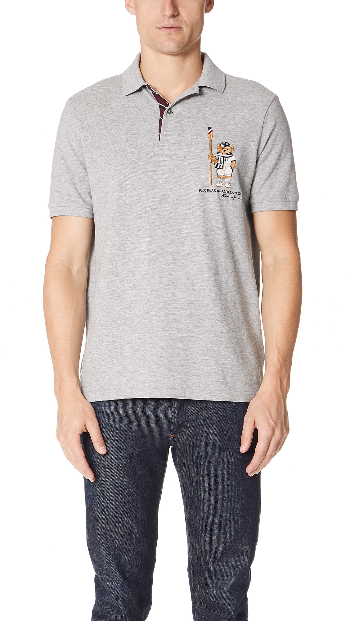 Shop Polo Ralph Lauren Mesh Bear Polo Shirt In Light Grey Heather