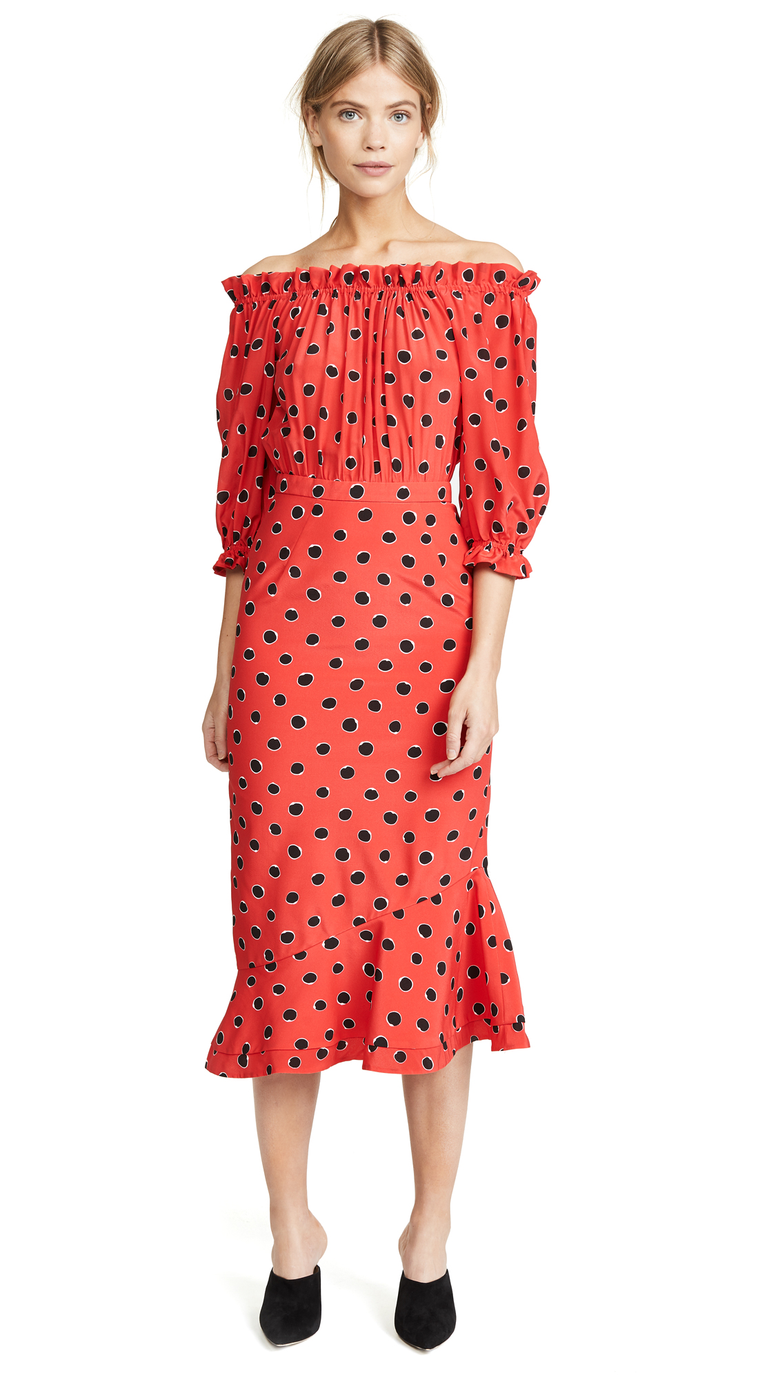 Saloni Grace Print Silk Off The Shoulder Dress In Carmine Dots