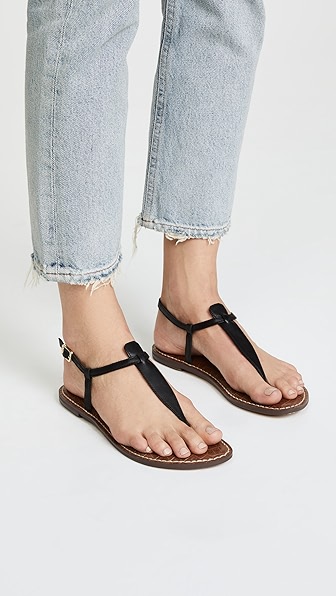 Sam Edelman Gigi T-strap Flat Sandals Women's Shoes In Black Patent | ModeSens
