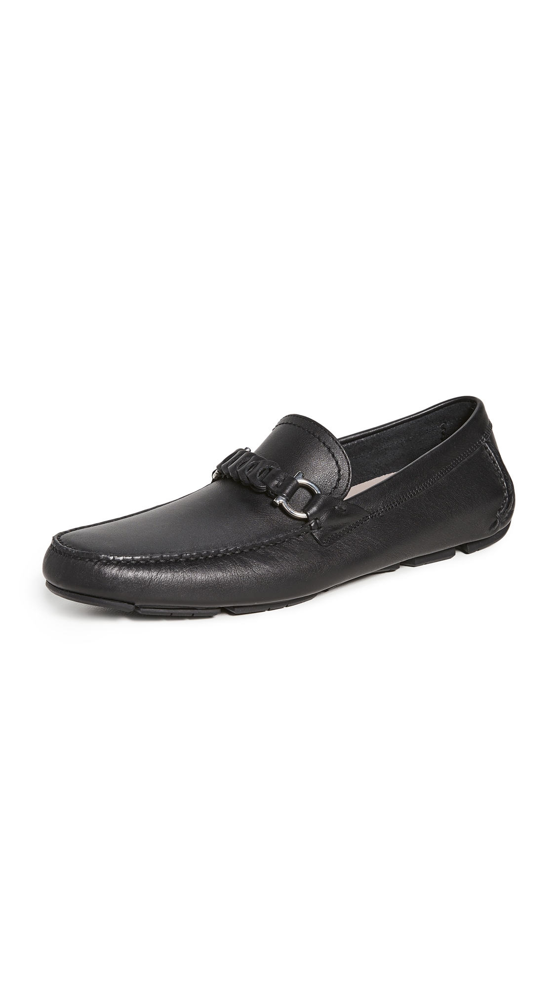 Ferragamo Black Leather Driver Gancini Loafers In Black