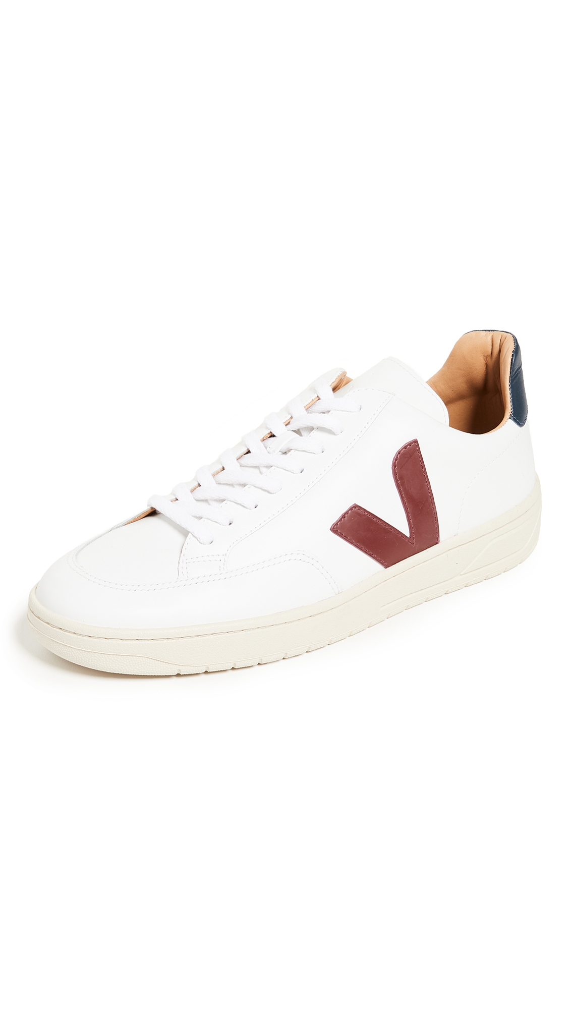 Veja V-12 Leather Sneakers In Extra White/marsala/nautico