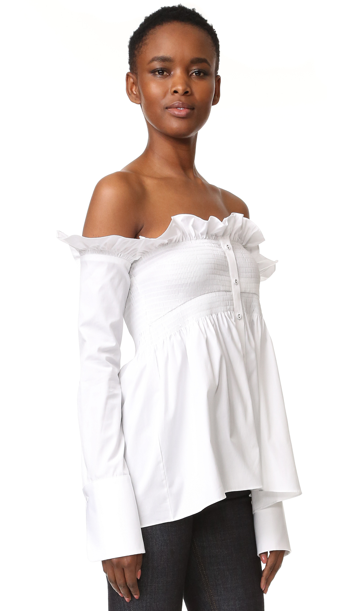 White Off Shoulder Ruffle Blouse Toffee Art