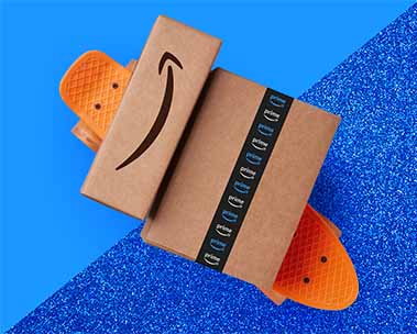 Amazon Prime boxes on orange skateboard.