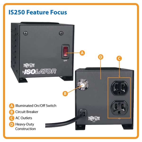 Tripp Lite IS250 Isolation Transformer 250W Surge 120V 2
