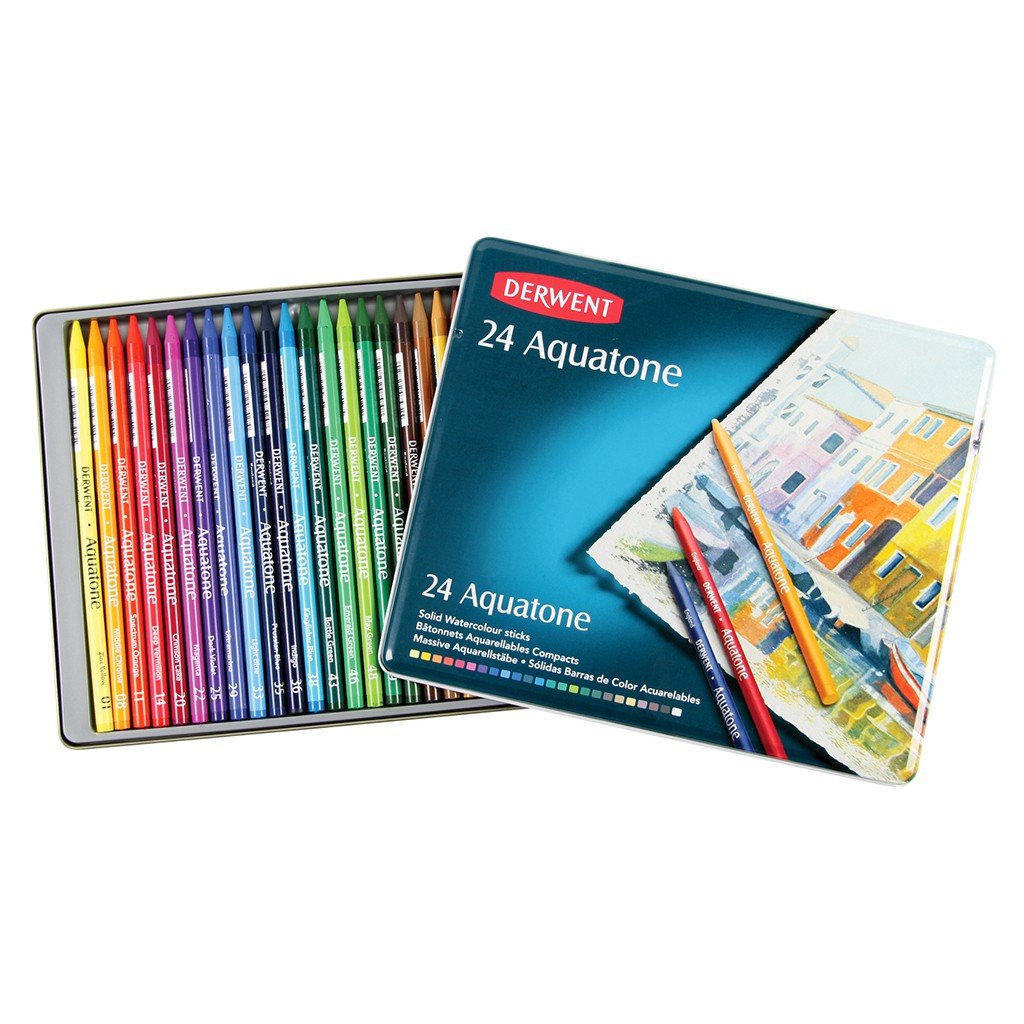 Derwent Aquatone Woodless Watercolor Pencils, 7mm Core, Metal Tin, 24 Count