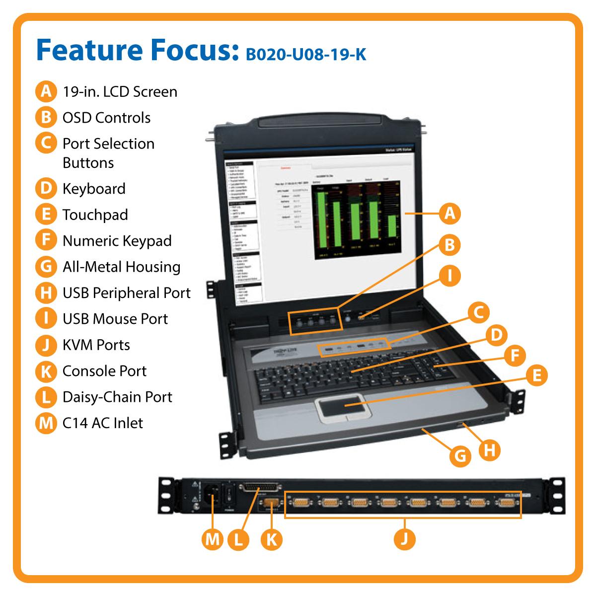 Tripp Lite B020U0819K 8Port Console KVM Switch w/ 19" LCD & 8 PS2/USB Combo