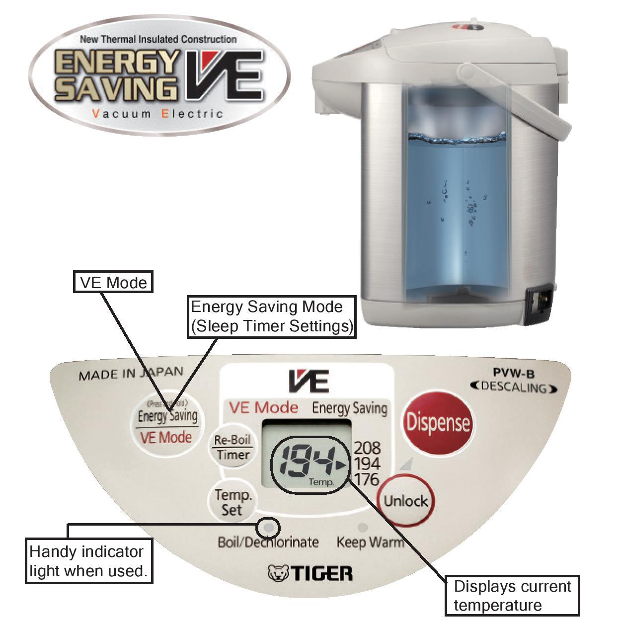 Tiger PVWB30U Stainless Steel Vacuum Electric Water Dispenser, 3Liter Water