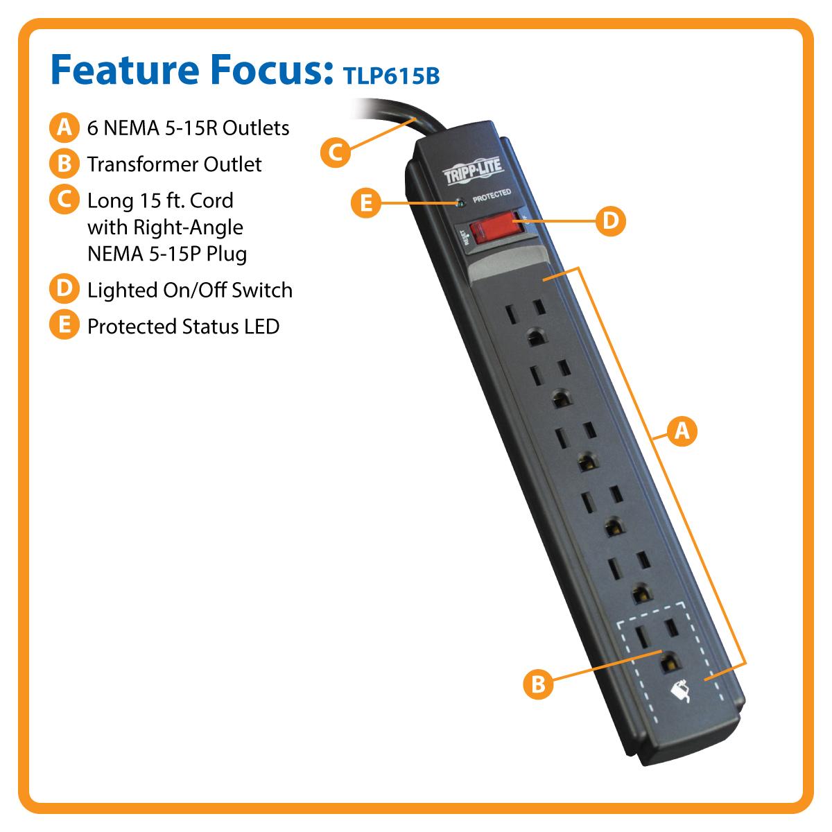 Tripp Lite 6 Outlet Surge Protector Power Strip, Extra Long