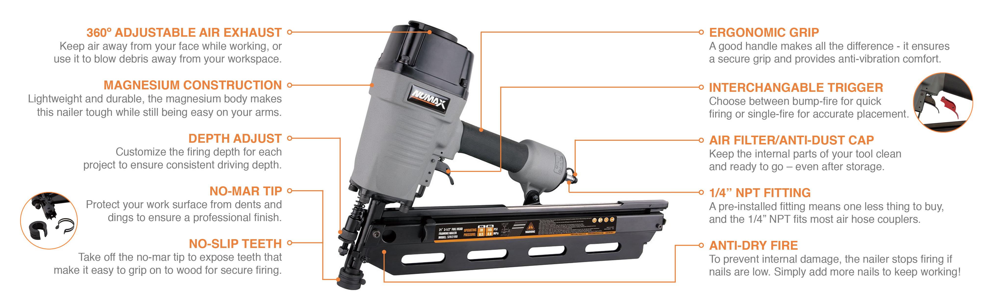NuMax SFR2190 21 Degree Framing Nailer Power Finish Nailers