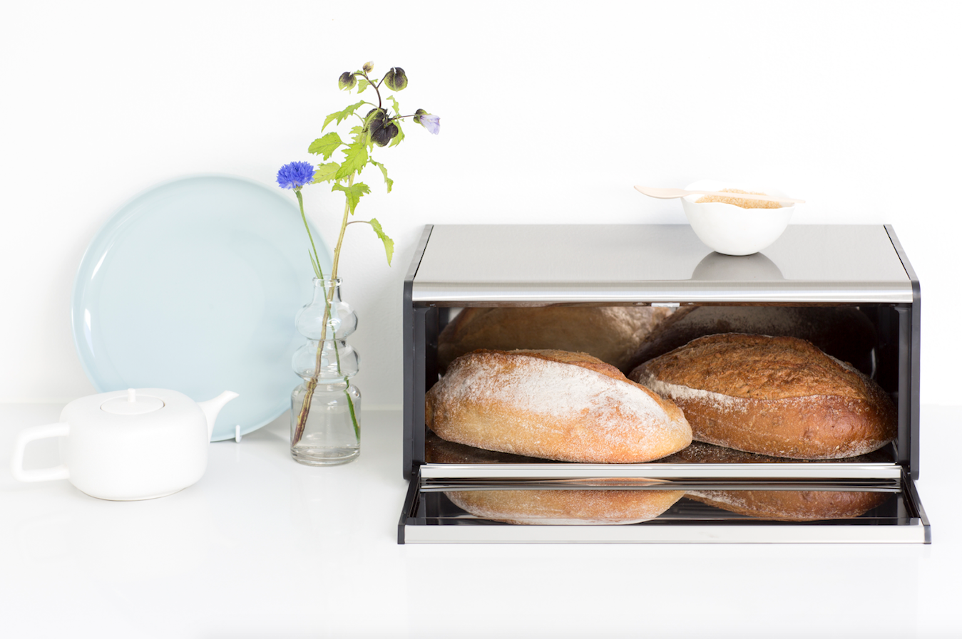 Brabantia Fall Front Bread Box Brilliant Steel with Black Sides, 163463 Extra