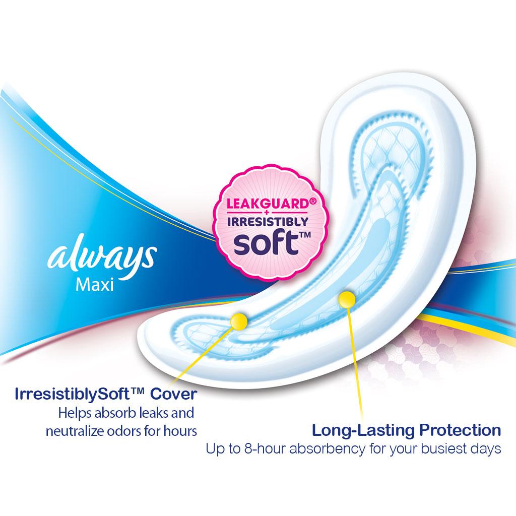 Always Maxi LeakGuard Plus OdorLock Regular without Wings, Lightly Scented Pads, 22