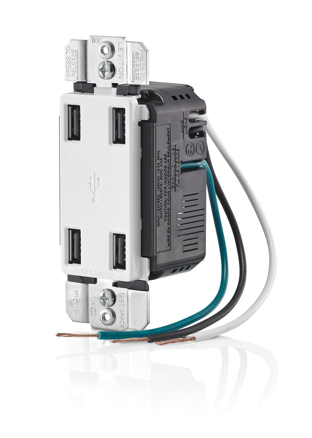 Leviton USB4PW 4.2Amp High Speed 4Port USB Charger, White Electrical Multi Outlets