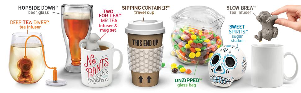 table, fred, fred and friends, kitchen, mugs, gadgets, tea infusers, beer glass, snack bags