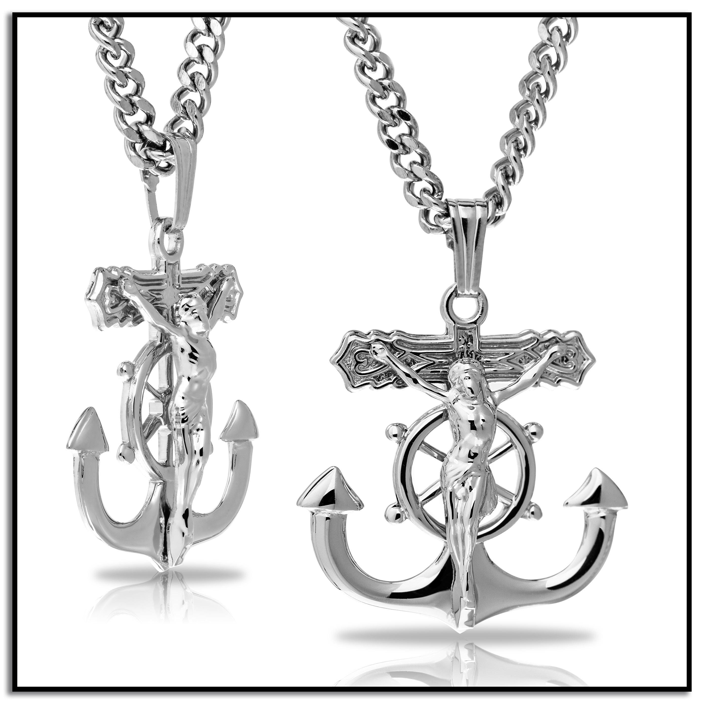 Men's Sterling Silver Solid Mariner's Cross Pendant Necklace with