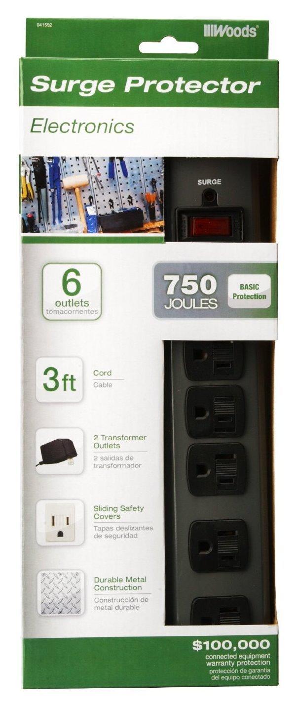 Woods 041552 6Outlet Metal Surge Protector with 3Foot Cord, 750