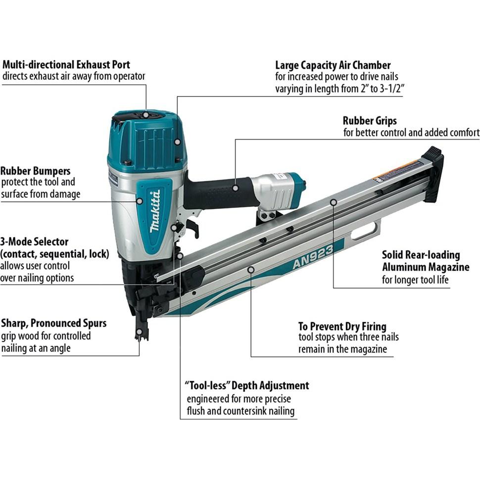Makita AN923 31/2" Framing Nailer, 21° Full Round Head Power Framing