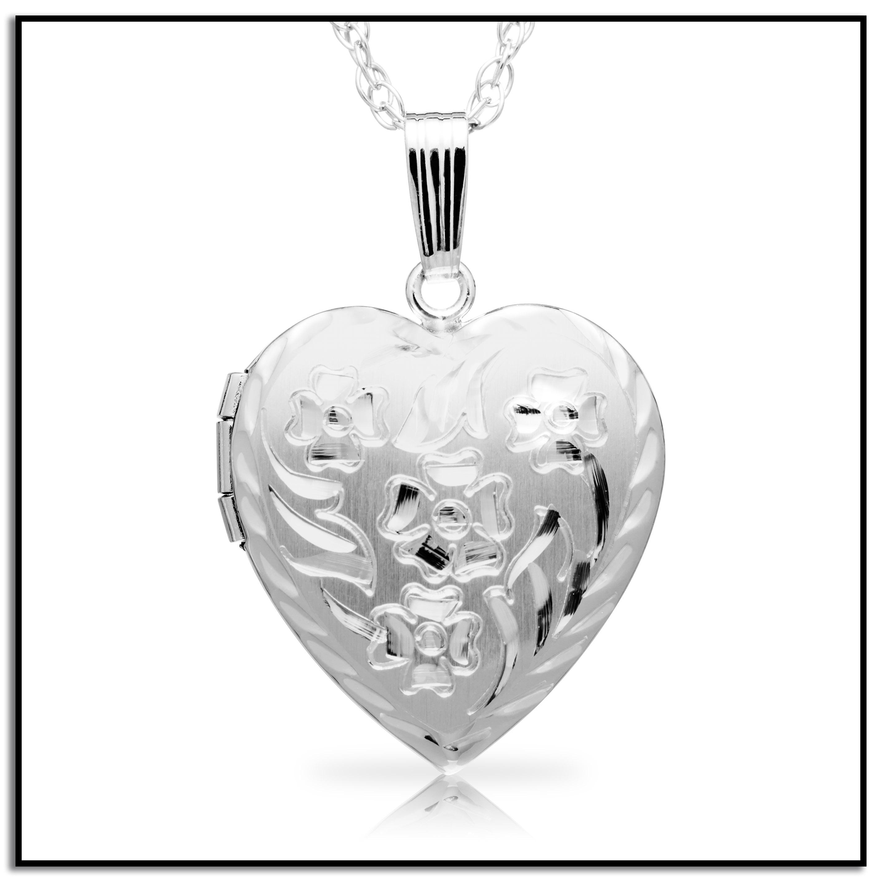 Sterling Silver Engraved Flowers Heart Locket Necklace, 18