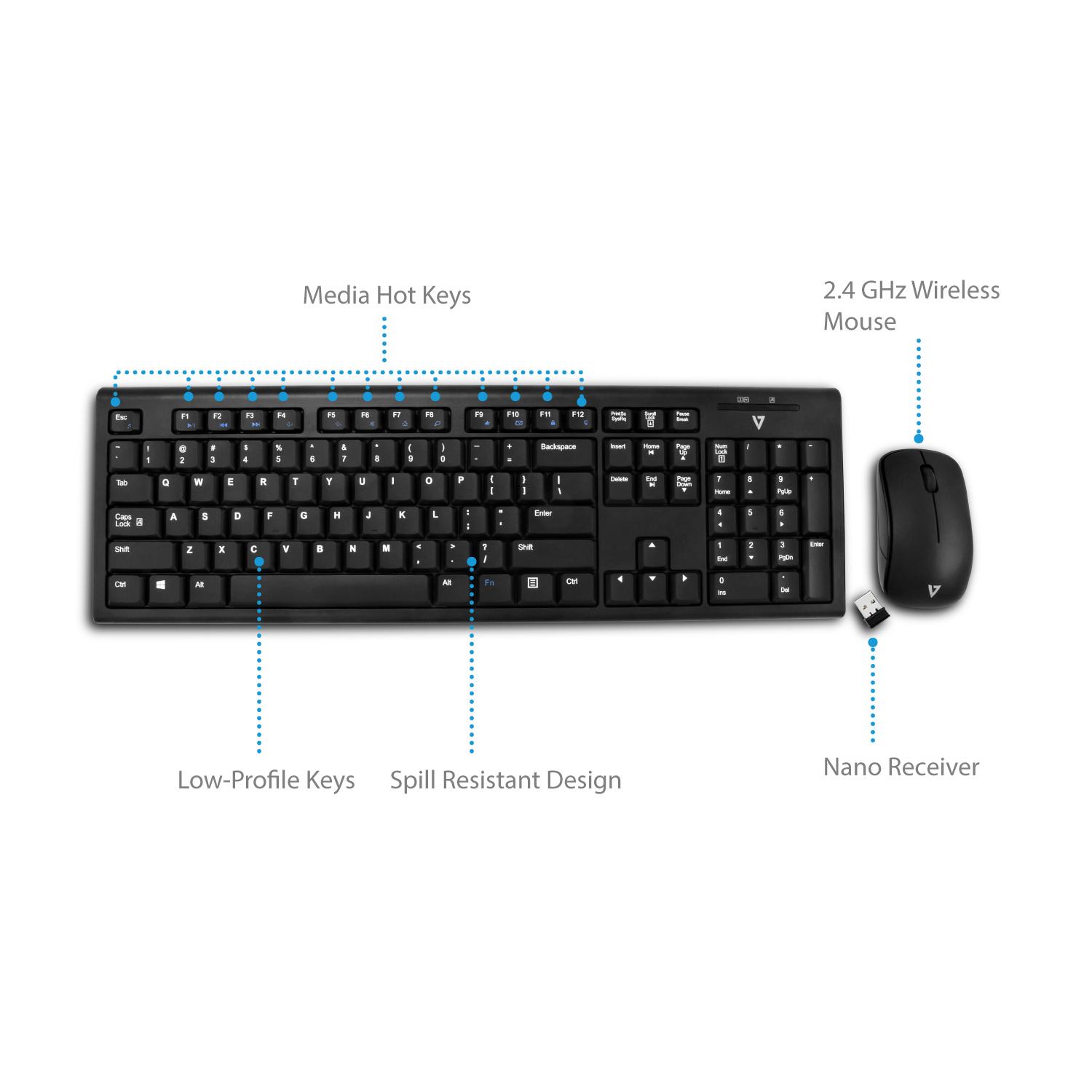 V7 CKW100US Keyboard & Mice Combo Wireless Computers