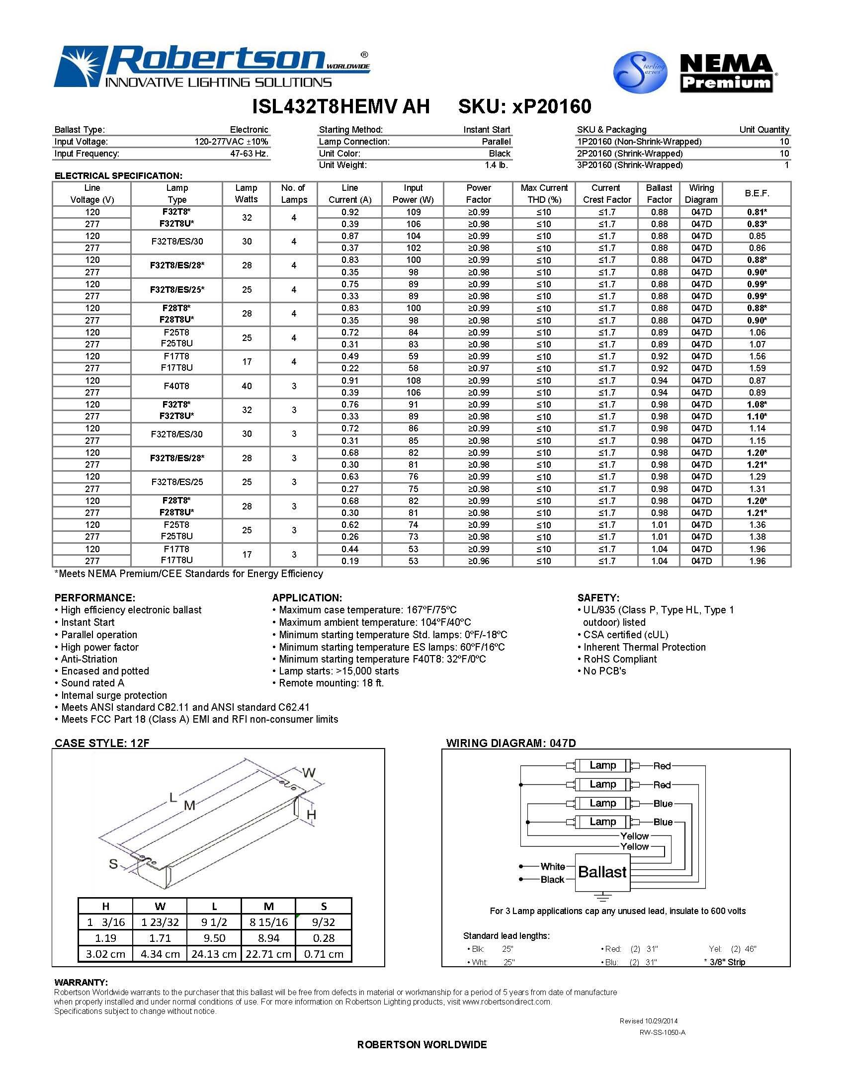 Robertson Worldwide ISL432T8HEMV AH 3P20160 120277 Vac 5060 Hz Normal