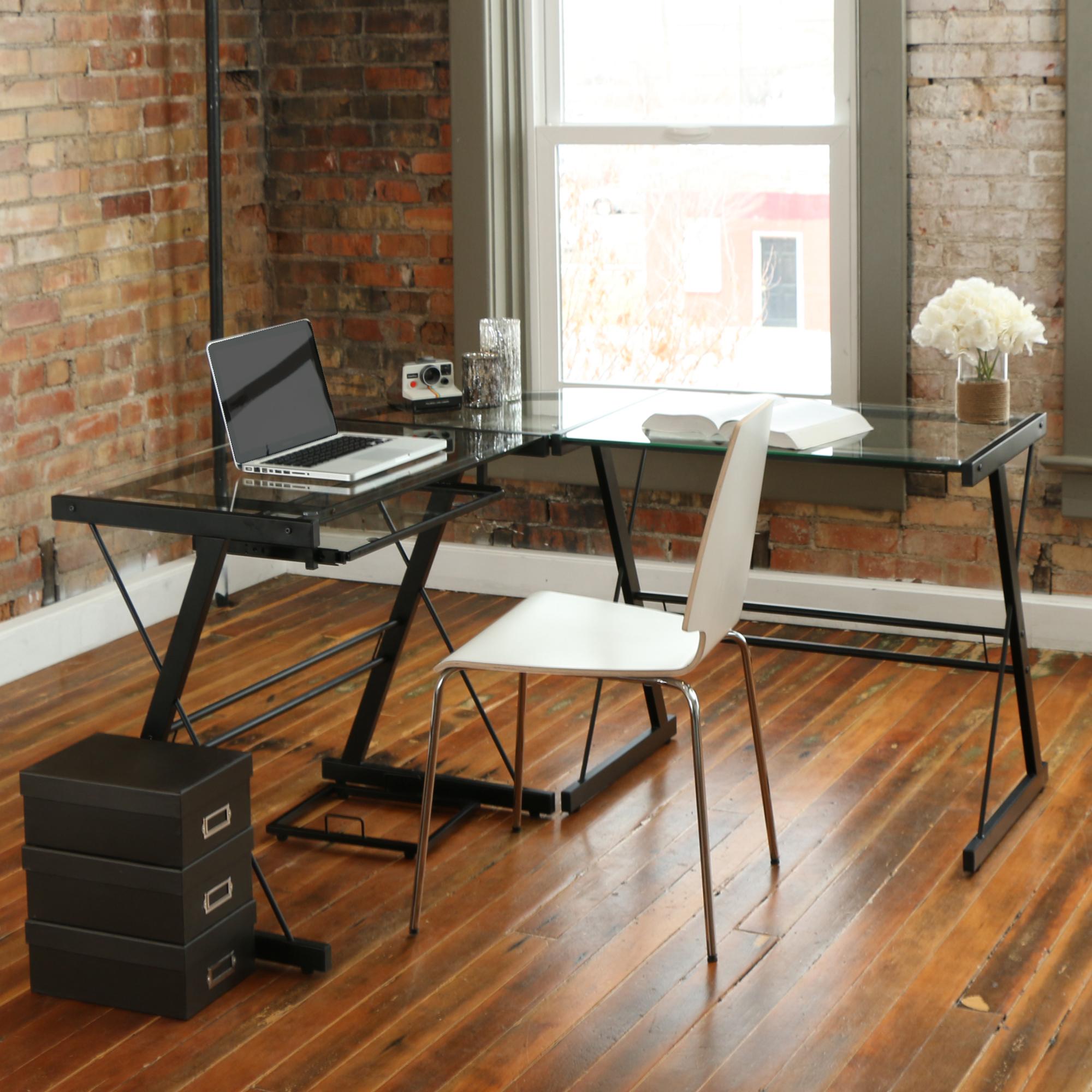 Walker Edison Soreno 3Piece Corner Desk, Black with Black Glass Kitchen & Dining