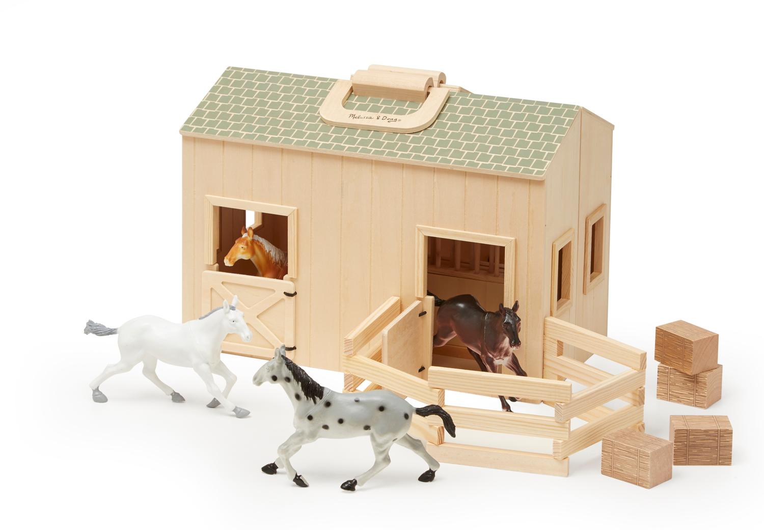 Melissa & Doug Fold and Go Wooden Horse Stable Dollhouse With Handle and Toy Horses
