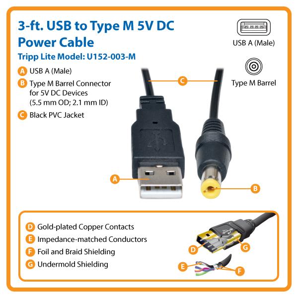 TRIPP LITE U152003M 3Feet USB to Type M Barrel 5V DC