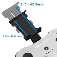 An adjustable travel clip can affix an iOS device directly atop the controller
