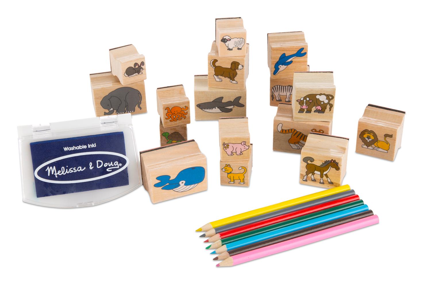 Melissa & Doug Wooden Stamp Set Animals 16 Stamps, 7 Colored Pencils, Stamp Pad